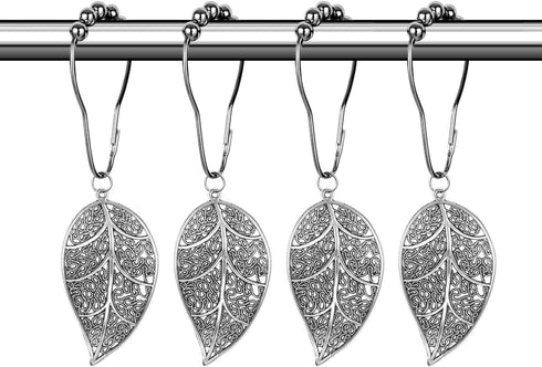 CHICTIE Silver Shower Curtain Rings Hooks,Chrome Leaves Decorative Shower Curtain Hooks,Set of 12 Stainless Steel Metal Rust-Proof Shower Rings fo...