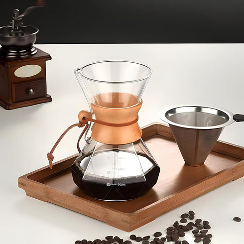 Pour Over Coffee Maker with Reusable Stainless Steel Drip Filter, Lead-Free Borosilicate Glass Coffee Carafe with Modern Wooden Collar for 1-2Cup,...
