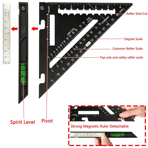 Beslands 7 inch Rafter Square with Level, Aluminum Metal Triangle Ruler Carpenter Square Woodworking Layout Tool Aluminum Triangle Tool Stainless ...