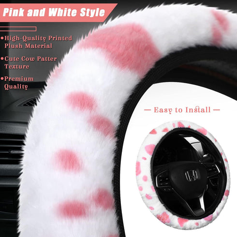 10 Pieces Cow Print Car Accessories Set Cow Fluffy Plush Steering Wheel Cover Shift Cover Handbrake Cover Pad Cup Seat Belt Pad Bracelet Key Chain...