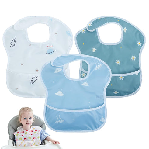 Little Dimsum 3 Pack baby waterproof bib easy to clean feeding weaning bib adjustable closure suitable for children with large pockets for 6-36 mo...