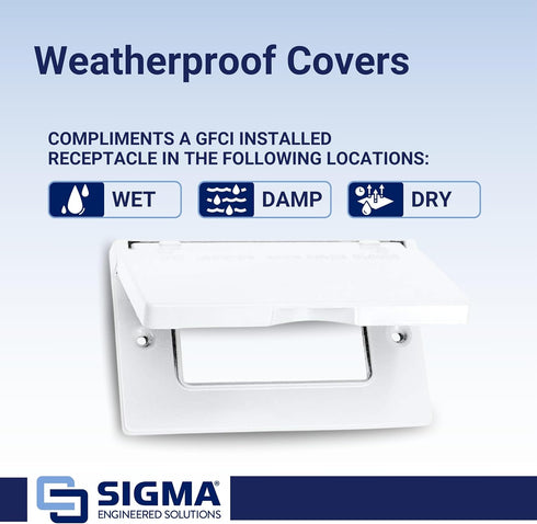 SIGMA ENGINEERED SOLUTIONS 14249WH Weatherproof Outdoor GFCI Outlet Cover, White, Metal, 1-Gang, Horizontal...