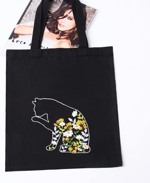 Harimau Beginner Canvas Tote Bag Embroidery Kit,Black Kitten Pattern,Cross Stitch Kits, Including Stamped Embroidery Bag with 1 Embroidery Hoops,N...