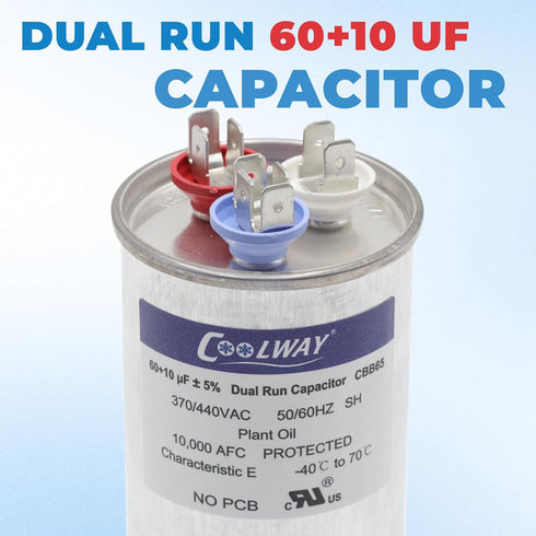 COOLWAY 60/10 uF 60+10 MFD 370V or 440V Dual Run Start ac Capacitor for ac 60 10 CBB65r CBB65b Capacitor 370 440 Volt vac Air Conditioner Capacito...