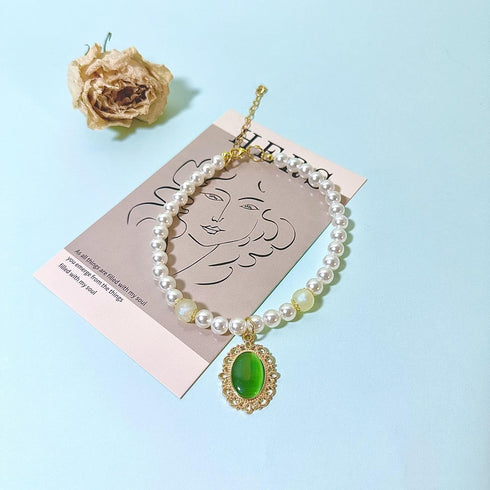 Handmade Dog Pearl Collars and Green Gem Cat Collar Set, Pet Pearl Necklace,Adjustable Dog Costume for Cats&Puppies,Cat Outfit for Pet Wedding Bir...