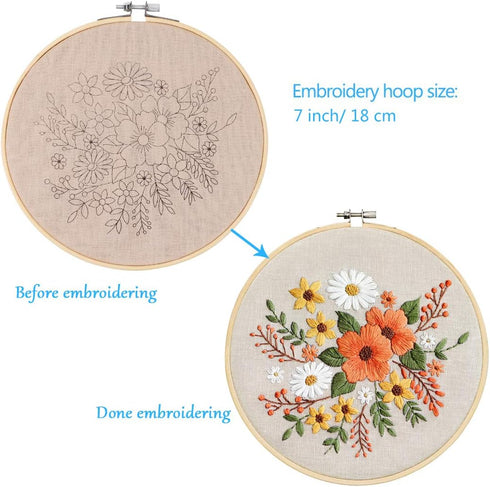 KISSBUTY Embroidery Kit with Pattern, Bamboo Hoop, Color Threads, Floral Pattern (Flowers), for Kid......