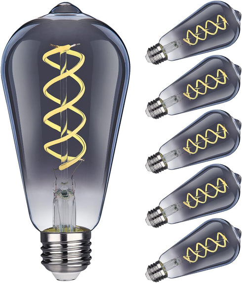 ST19(ST58) LED Smoky Grey Glass Edison Bulb, Vintage, 6 Pack, Daylight 5000K, Antique Flexible Spiral LED Filament Light Bulb, Dimmable, 300LM, 4....
