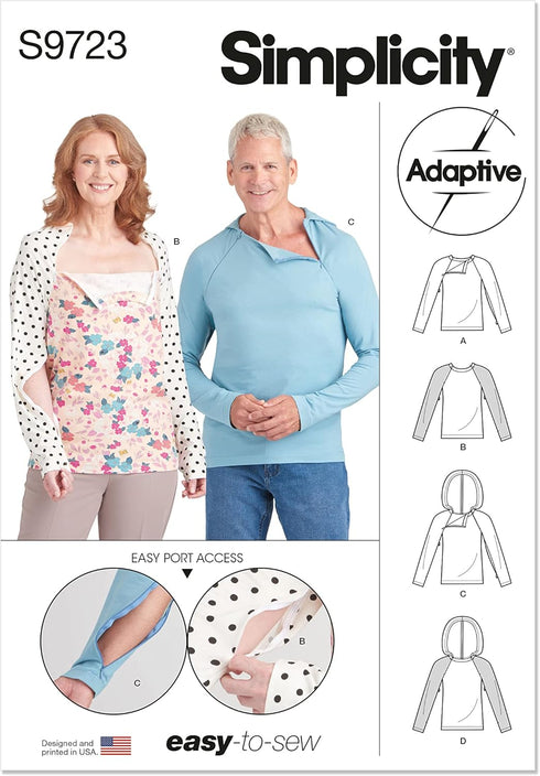 Simplicity Unisex Dual Port Access Chemo Top and Hoodie Sewing Pattern Kit, Code S9723, Sizes XS-S-M-L-XL, Multicolor...