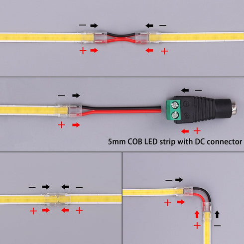 2 Pin 5mm COB LED Strip Connectors Transparent Solderless, 8 Pcs Strip to Strip, 22 Pcs Strip to Wire, 11 Pcs 22AWG 15cm/5.9in Long Extension Wire...