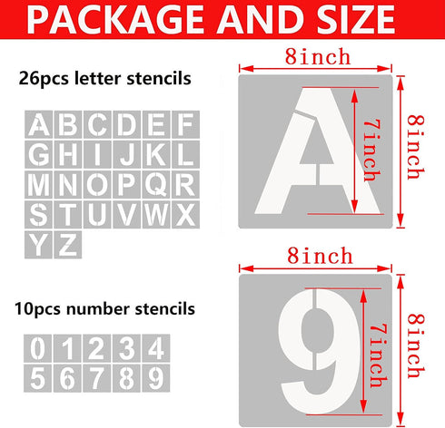 8 Inch Letter Stencils and Numbers, 36 Pcs Alphabet Art Craft Stencils, Reusable Plastic Art Craft Stencils for Wood, Wall, Fabric, Rock, Signage,...