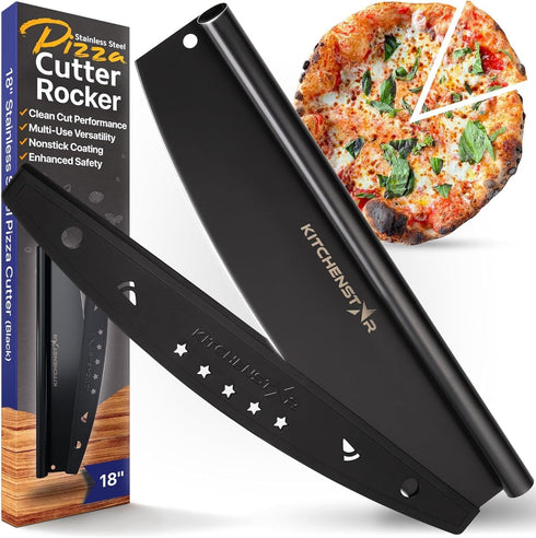 KitchenStar 18-Inch Pizza Cutter Rocker Blade - Sharp Stainless Steel Slicer Knife, Protective Cover, Black Nonstick, Extra Large - Commercial Piz...