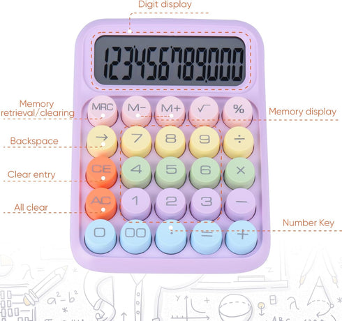 Mechanical Pushbutton Calculator,12 Digit Large LCD Display,Big Buttons Easy to Press,Colorful Candy Calculator,Automatic Sleep,with Battery.for O...