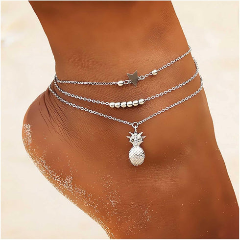 Boho Layered Star Anklet Bracelet Cz Pineapple Anklet Chain Gold Beaded Ankle Bracelets Beach Star Foot Chain Jewelry for Women...