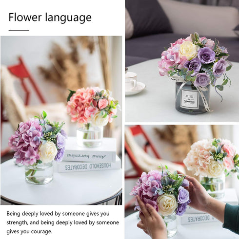 Artificial Rose Flower Bouquet Set, Hydrangea Hand Bouquet and vase, Ins Style Artificial Flower Set?Purple?...