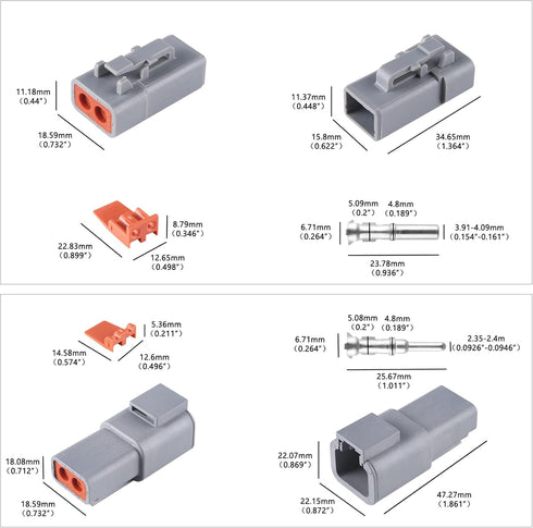 MUYI 3 Kits 2 Pin Way DTP Series Connector 14-12 AWG Waterproof Electrical Plugs IP65 Waterproof Heavy Duty Sockets Size 12 Terminal Pins Current ...