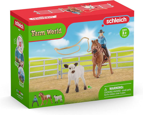 Schleich Farm World Rodeo Roping Playset - Cowgirl Rodeo Rider Figurine with Cow, Pen, and Rope, Realistic Western Rodeo Farm Toys and Accessories...