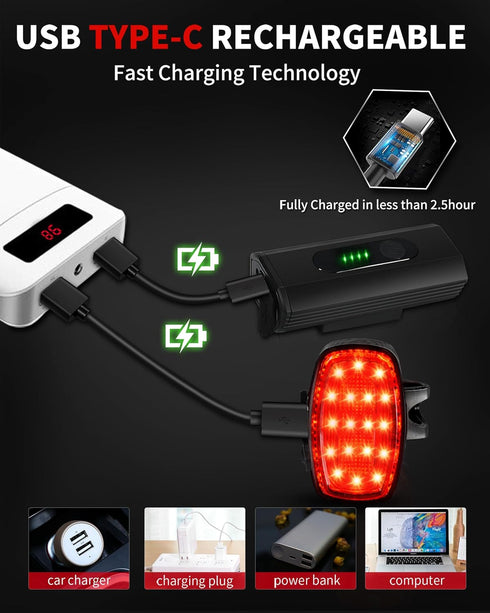 DARKBEAM Bike Headlight Rechargeable USB-C, Bicycle Lights 4000LM Ultra Bright, Mountain Bike Light Set for Night Riding, 6+5 Mode Waterproof Fron...
