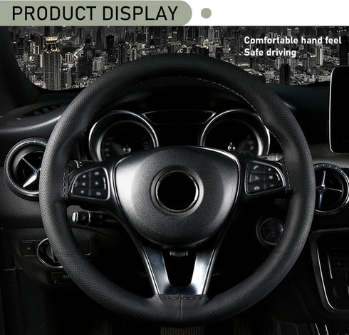 1 PC Car Steering Wheel Cover with 2 PCS Sewing Tool, 14.9In Durable Waterproof Leather Steering Wheel Protector, Universal Breathable Elastic Ste...