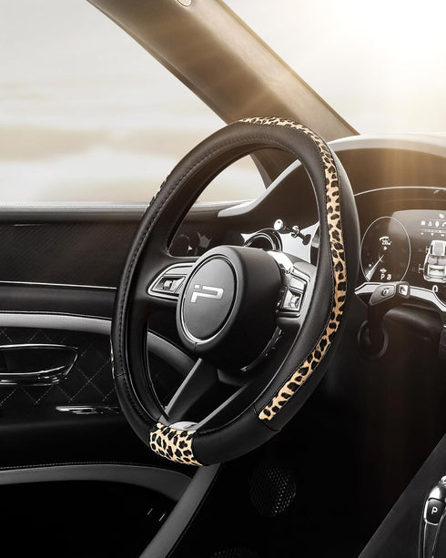 Steering Wheel Cover - Made with PVC Leather and Leopard Fabric - Universal 14 1/2 inches to 15 inches for Most Automotive Steering Wheel (Leopard...