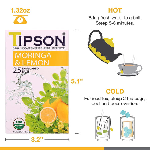 Tipson Organic Moringa Caffeine Free Herbal Tea - Lemon Flavor - 25 Premium Double Chambered Bags - Superfood - Keto/Paleo...