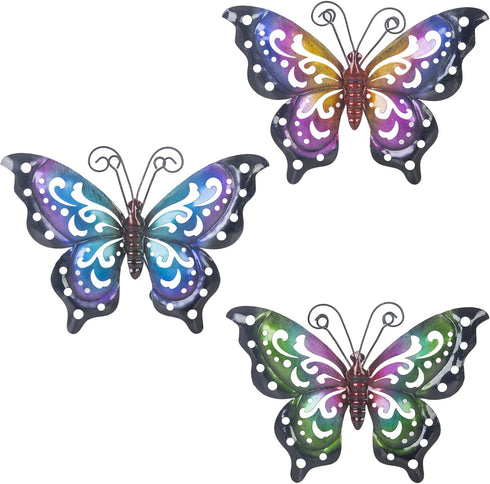3 Pack Metal Butterfly Wall Art Outdoor Decor, Butterflies Spring Wall Sculpture Hanging Metal Wall Decorations for Garden, Patio, Fence, Yard, Li...