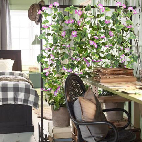 GTIDEA Artificial Vines, 2pcs 15Feet Morning Glory Hanging Plants Silk Garland Fake Green Plant Home Garden Wall Fence Stairway Outdoor Wedding Ha...