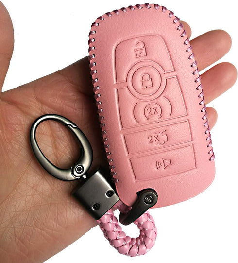 Pink Leather 5 Buttons Key Fob Case Case Remote Skin Holder Protector Jacket for 2017 2018 2019 2020 2021 2022 2023 2024 Ford Bronco Mustang Fusio...