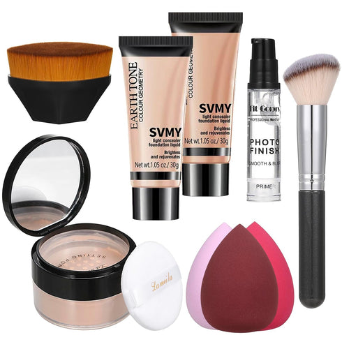 Foundation Set Natural Foundation Foundation Full Coverage Face Primer Kabuki Brush Foundation Brush Makeup Sponge Makeup Foundation Kit...