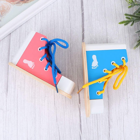STOBOK 2pcs Wood Lacing Sneaker Learn to Tie Shoes Tie-Up Shoe Threading Toy Montessori Educational Toys (Blue + Pink)...