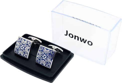 Square Vintage Cloisonne Cufflinks for Men Blue Retro Patterns Men's Cuff Link Set for Wedding Shirt Party Business Birthday Anniversary Dress...