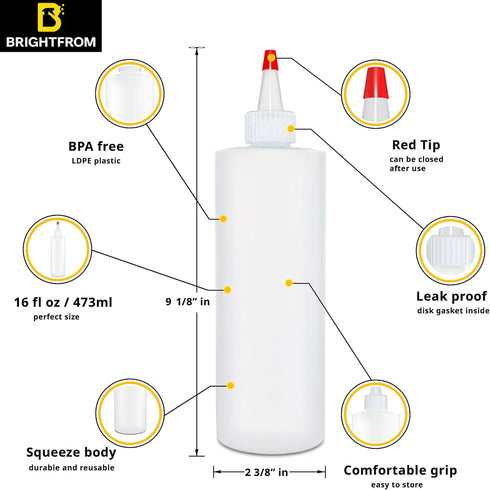 BRIGHTFROM Empty Squeeze Bottles 16 OZ, 2 PACK Squirt Containers with Red Top, BPA Free for Condiments, Syrup, Ketchup, Sauces, Dressing, Oil, Hon...