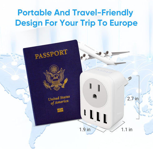 European Travel Plug Adapter, RATEA International Power Plug Adapter with 3 USB Type A, 1 Type C Outlet Adaptor Charger for US to Most of Europe E...