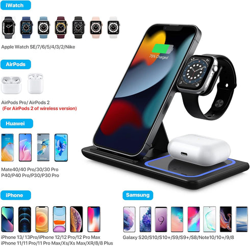 Wireless Charging Station, 3 in 1 Foldable Wireless Charger Stand, Wireless Charging Stand for iPhone 13/12/12 Pro/12 Pro Max/11/XS Max/XS/XR/X/8P...