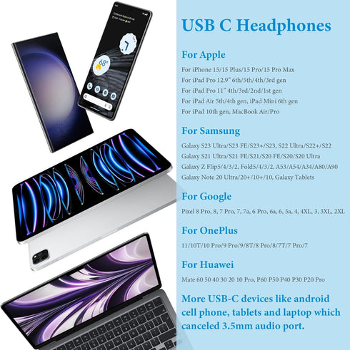 USB C Headphones for iPhone 15 Plus iPad 10th/Pro,USB Type C Earphones Stereo USB C Wired Earbuds with Mic Volume Control for Samsung S24 Ultra S2...