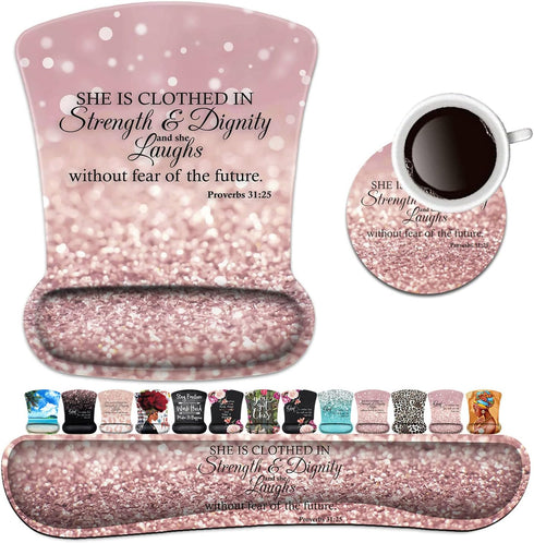 Keyboard Wrist Rest Pad and Ergonomic Mouse Pad Wrist Support Set Proverbs 31:25 Bible Verse Pink Design for Gaming, Office, Comfortable and Pain ...