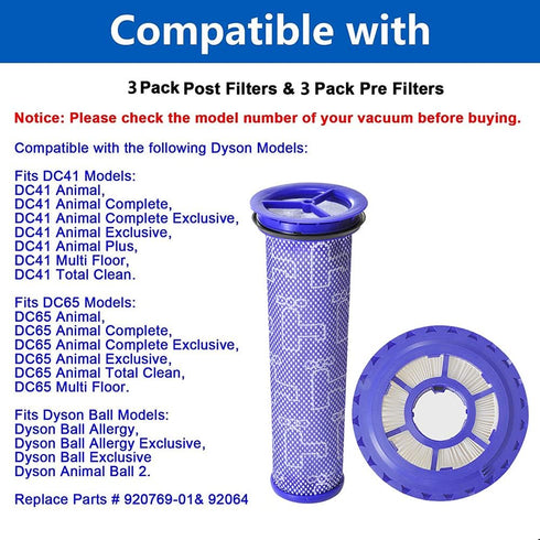 6 Pack Replacement Vacuum Filter for Dyson DC41 DC41 DC65 DC66 Vacuum,3 Pack Post Filter & 3 Pack Pre Filter...