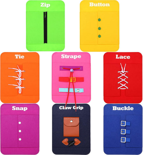 8 Pieces Early Learning Toys Toddlers Learn to Dress Practice Boards Basic Life Skills Busy Board Includes Zip, Snap, Button, Buckle, Lace and Tie...