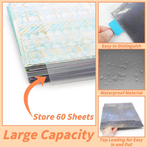 Anvin 12 Pcs Scrapbook Paper Storage Organizer for 12 x 12 Inch Paper with 60 Pcs Sticky Index Tabs Waterproof Individual Top Loading Files for Se...