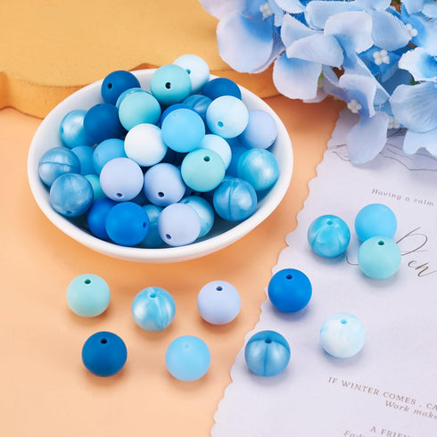 80Pcs Blue Silicone Focal Beads 15mm Round Ball Beads Chunky Kandi Beads Spacer Pen Beads for Crafts DIY Beadable Pens Keychain Bracelets Jewelry ...