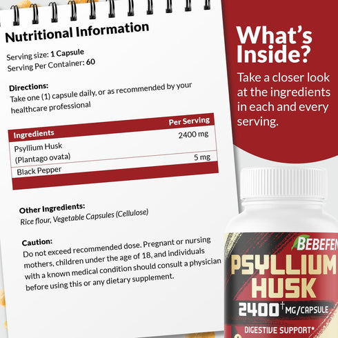 BEBEFEN Psyllium Husk Capsules 2400mg with Black Pepper - 2 Month Supply - Daily Soluble Fiber for Gut Health - Non-GMO and Gluten-Free Formula...