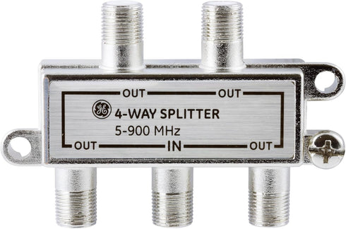 GE 4-Way Coaxial Cable Splitter, 5-900 Mhz Range, RG59 RG6 Coax Compatible, Audio, Video, Works with HD TV, Cable, Amplifiers, Amplified Antennas,...