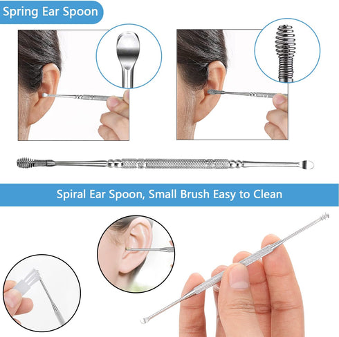 Earwax Removal Kit 5 Pcs, Ear Wax Cleaning Tool Set, Ear Pick with LED Light USB Charging, Stainless Steel Ear Curette, Earwax Tweezer, Ear Canal ...