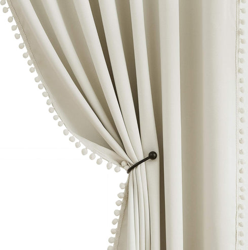 Treatmentex Pompom Window Curtain Panels Natural 45" Long Small Window Curtain Ivory Curtain Drapes for Basement Laundry Room Darkening Curtains 2...