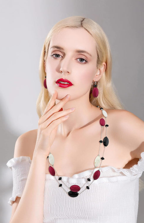 Firstmeet 2 Layer Statement red and black Beads Long Necklace...