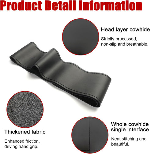 Leather Steering Wheel Cover, Stitch On Wrap, Breathable Anti-Slip Car Steering Wheel Protector for Max Diameter 15'', DIY Sewing with Needle Thre...