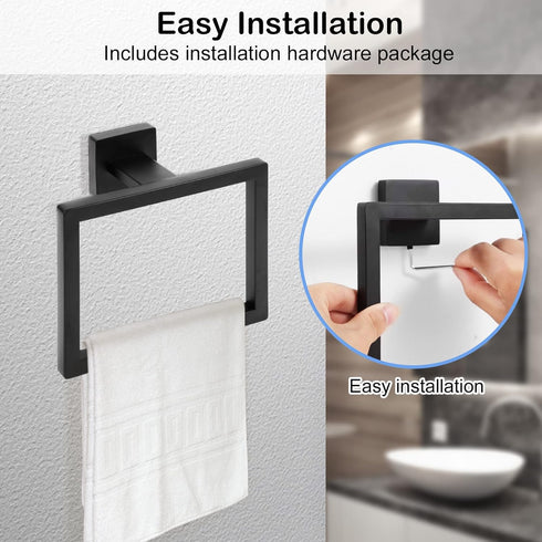 Matte Black Towel Ring,Square Hand Towel Holder,Towel Hanger, Bathroom Hardware Accessories,SUS 304 Stainless Steel Wall-Mounted...