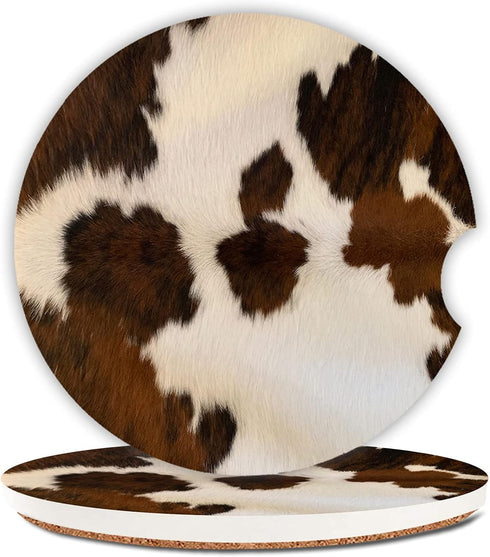 Absorbent Car Coasters 2 Pack for Women/Men,Cow Hide Car Coaster for Drinks,Ceramic Stone Car Cup Holder with A Finger Notch,Farm Animal Brown Cow...