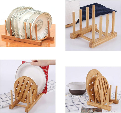 2Pcs Home Kitchen Natural Bamboo Slip Drain Dish Rack, Bamboo Wood Plates Rack/Pans/Cups Dish Rack...
