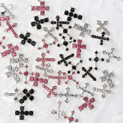 Crystal Cross Nail Charms - y2k Nail Crystal Cross Charms - Silver Crystal Cross Nail Art, 3D Pink Nail Cross Charms for DIY Designs Supplies...