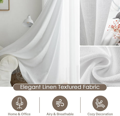 Melodieux White Semi Sheer Curtains 63 Inch Length for Bedroom Living Room, Farmhouse Linen Texture Light Filtering Home Office Shiny Sheer Drapes...